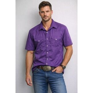 Sheplers Men's Western Shirt Purple Pearl Snap Short Sleeve Size 17.5 Vintage XL